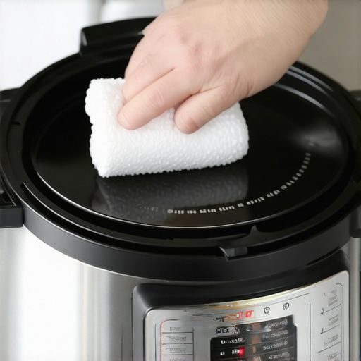 Maintaining your pressure cooker heating element Cleaning the heating plate of a pressure cooker with a microfiber cloth
