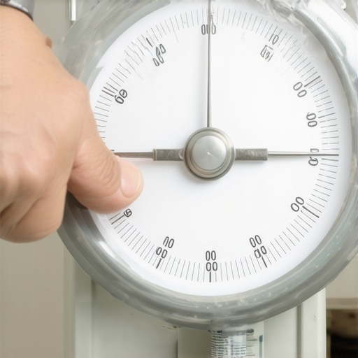 A hand adjusting the calibration knob on an analog kitchen scale to set the needle to zero.