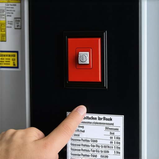 A hand pointing to a labeled circuit breaker to manage kitchen appliance power.