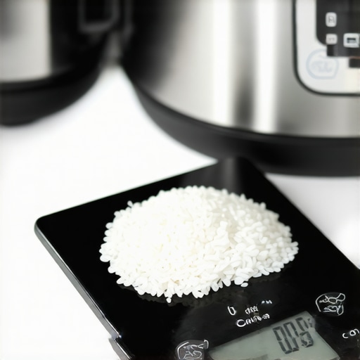 Measuring rice by weight for precise kitchen tech cooking Raw white rice in a bowl placed on a digital kitchen scale next to a pressure cooker