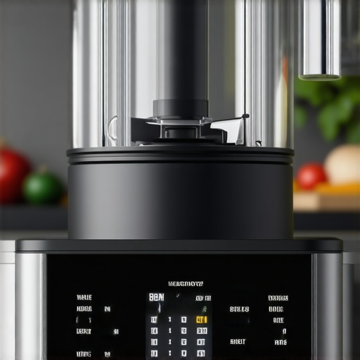 A high-speed blender base showing ventilation and digital controls to prevent overheating.
