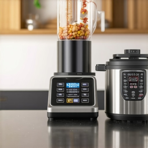 A collection of smart kitchen appliances including a blender, scale, and pressure cooker on a countertop.