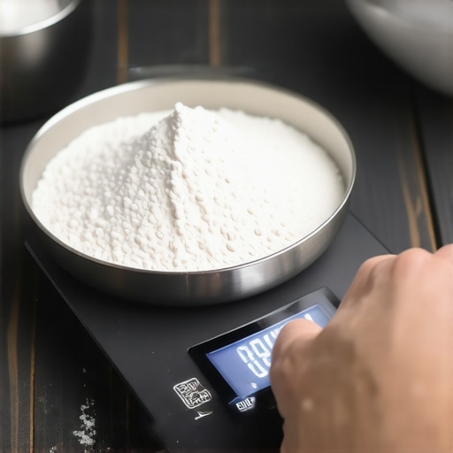 A close-up view of a digital kitchen scale being adjusted on a countertop