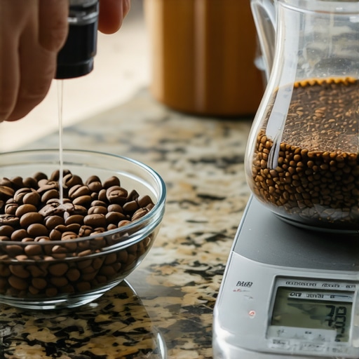 Neutralizing Static on Coffee Beans for Scaling A person using the Ross Droplet Technique with a spray bottle to stop static electricity on coffee beans before weighing them on a digital scale.