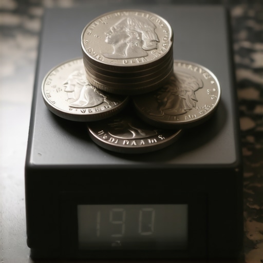 Three nickels on a digital scale showing 15.0 grams for calibration
