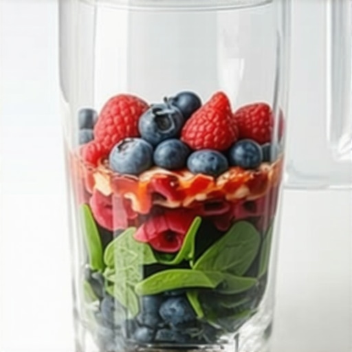 Optimized Blender Layering Technique Close up of a blender jar showing correct layering of liquids and frozen solids.