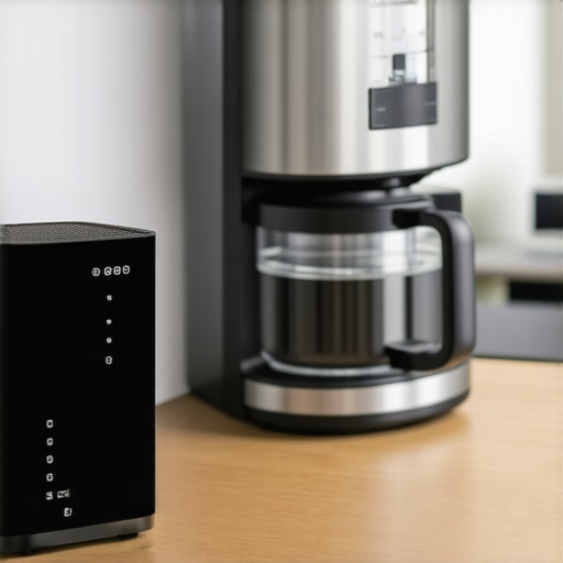 A smart coffee maker sitting next to a Wi-Fi router on a kitchen counter.