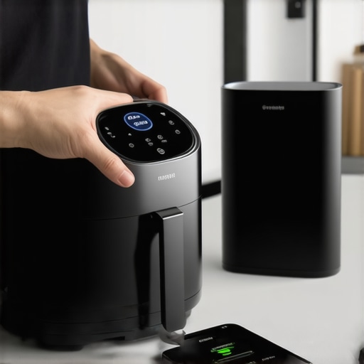 A smart air fryer and smartphone next to a Wi-Fi router during a firmware update.