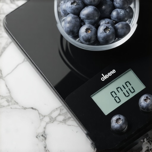 A digital kitchen scale on a granite countertop being used correctly to save battery and ensure accuracy.