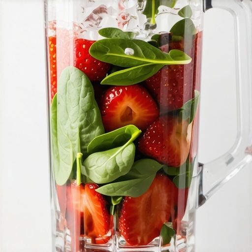 A blender jar showing the correct order of ingredients with liquid at the bottom and frozen fruit at the top to prevent air pockets.