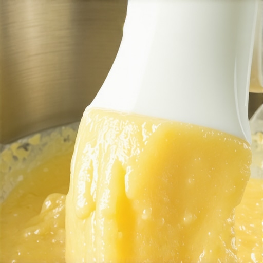 Close-up of cake batter being folded by hand in a stand mixer bowl