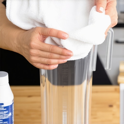 Hands buffing out scratches on a clear polycarbonate blender pitcher using a soft cloth and polish.