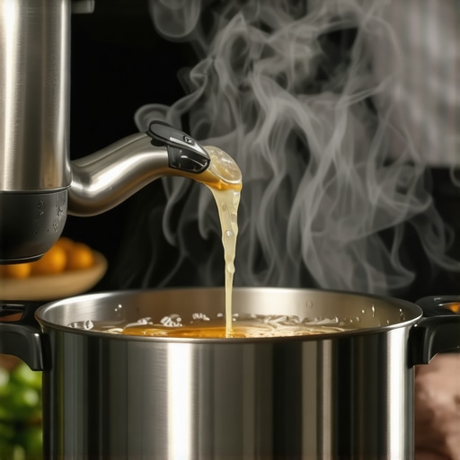 Close-up of hot liquid being added to a pressure cooker pot