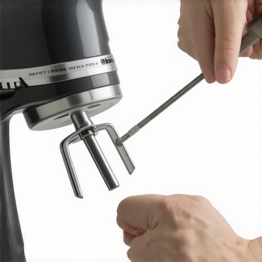 Precision Adjustment of Stand Mixer Hinge Manually tightening the tension screw on a kitchen stand mixer to prevent vibration.