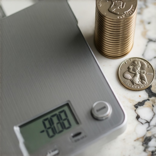 A digital kitchen scale being calibrated with nickels on a level surface