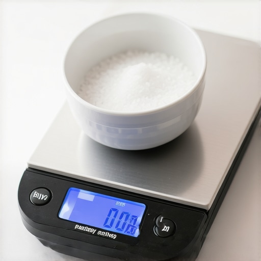 Precision Digital Kitchen Scale Calibration A digital kitchen scale displaying a precise measurement on a marble countertop.