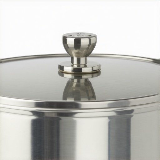 A close-up of a pressure cooker's metallic float valve showing it in the raised and locked position.