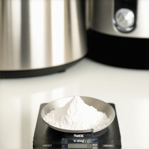 Precision Scale Measurement Nuance Close up of a digital kitchen scale measuring spices near other kitchen appliances.