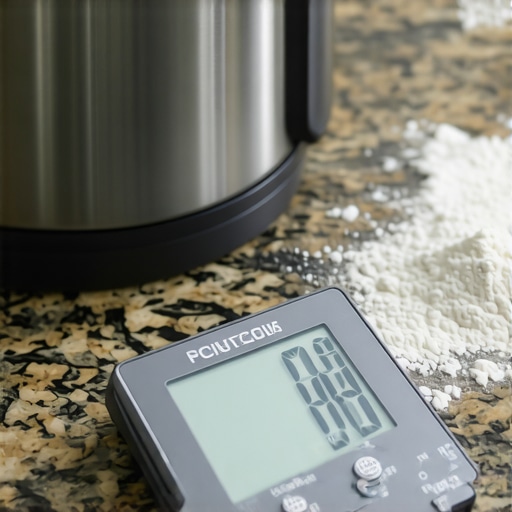 Precision kitchen scale on countertop A digital kitchen scale showing a precise reading on a modern kitchen counter.