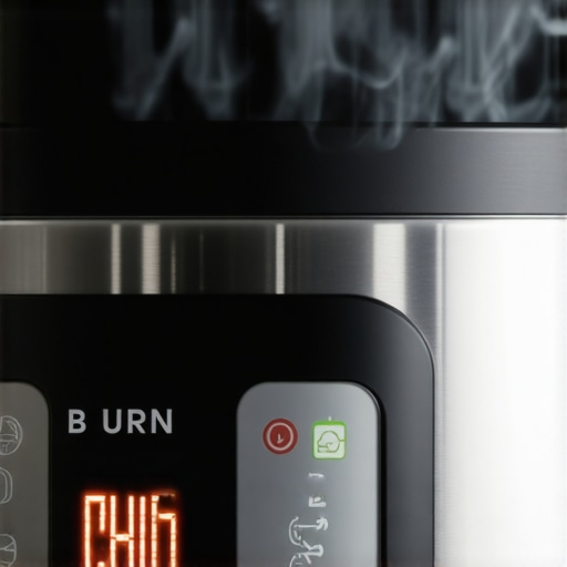 A close-up of an electric pressure cooker display screen showing a burn warning during a cooking cycle.
