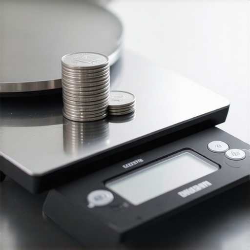 A digital kitchen scale being calibrated with a stack of nickels to ensure measurement accuracy