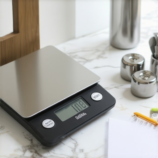 High-end kitchen scale with calibration weights on a marble surface