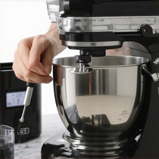 Hands performing maintenance on a high-end stand mixer next to other kitchen tech gadgets.
