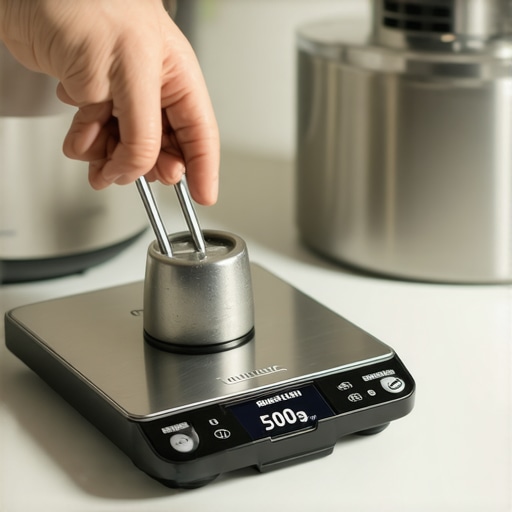 A digital kitchen scale being calibrated with a standard weight to ensure accuracy.