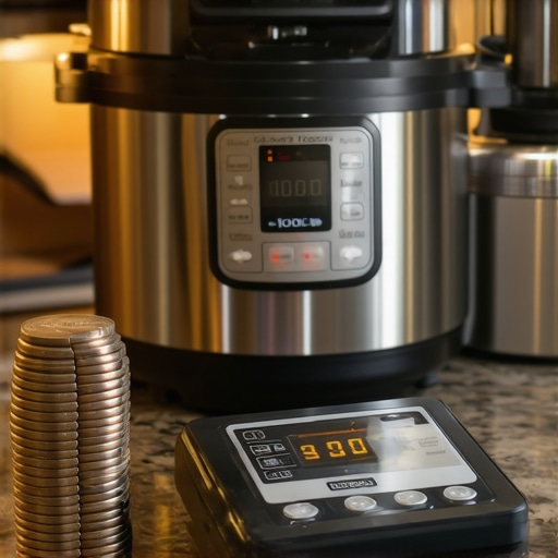Professional Kitchen Tech Calibration Setup A digital scale and pressure cooker in a modern kitchen illustrating appliance maintenance.