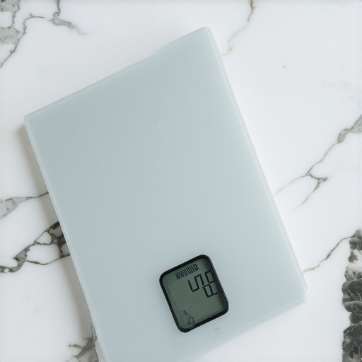 Digital kitchen scale placed on a flat quartz countertop for accurate weighing