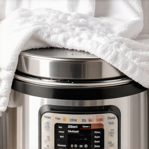 A damp towel placed on a pressure cooker lid to break a vacuum lock.