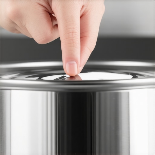Close up of hands removing the small metal filter cage from a pressure cooker lid for cleaning.