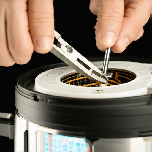 Hands using pliers to crimp a small silver thermal fuse to wires inside a disassembled pressure cooker base.