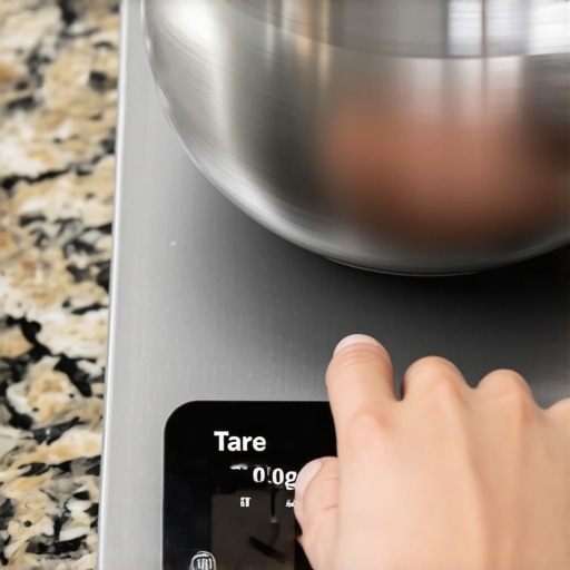 A hand pressing the tare button on a digital kitchen scale with a bowl on top.