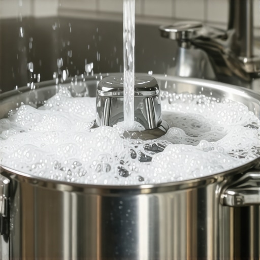 Safe Cold Water Release for Stovetop Pressure Cookers A stovetop pressure cooker in a sink receiving a cooling water stream on the lid.