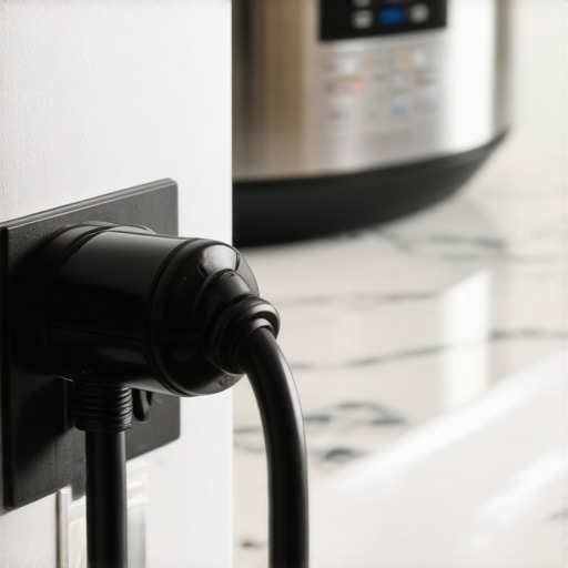 Safe Power Connection for High Wattage Kitchen Tech A heavy duty power cord plugged into a wall outlet to prevent overheating in kitchen appliances