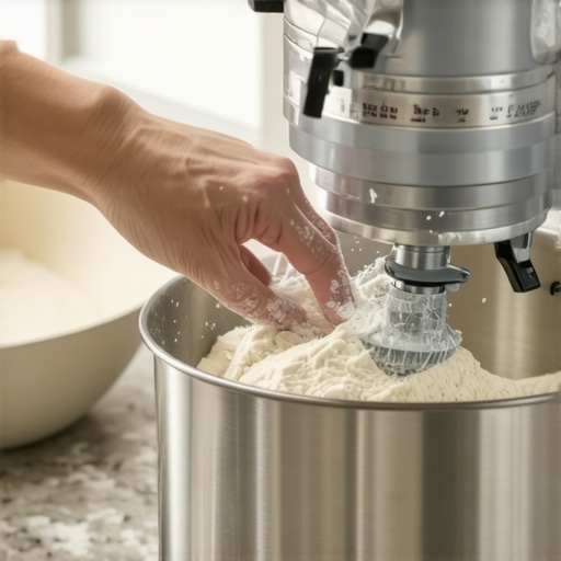 Close up of mixer speed dial set to low speed for bread dough