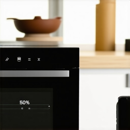 Smart Oven Firmware Update in Progress A smart kitchen oven screen displaying a firmware update bar next to a smartphone.