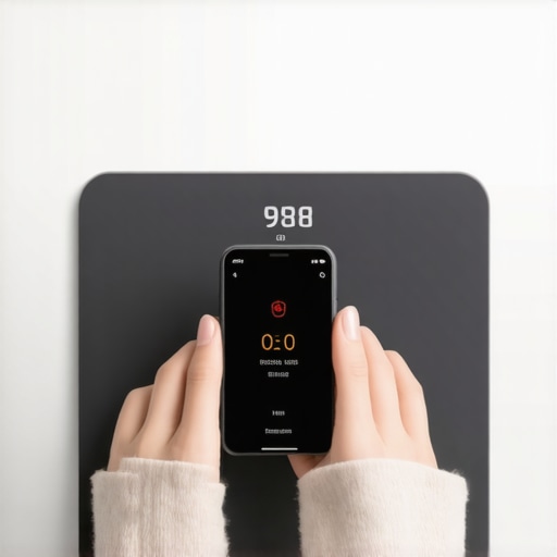 Smart Scale Connectivity Issues A person attempting to sync a smart scale with a mobile app in a bathroom setting.