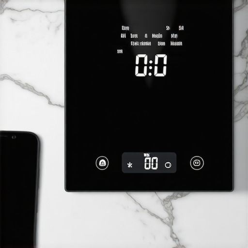 A digital kitchen scale showing weight fluctuations caused by a nearby smartphone on a kitchen counter.