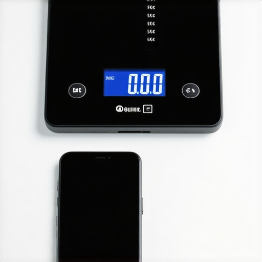 A digital kitchen scale showing erratic readings due to a nearby smartphone.