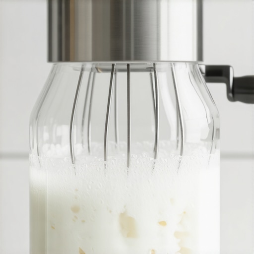 A wire whisk attachment being soaked in a tall glass jar to remove sticky dough residue.