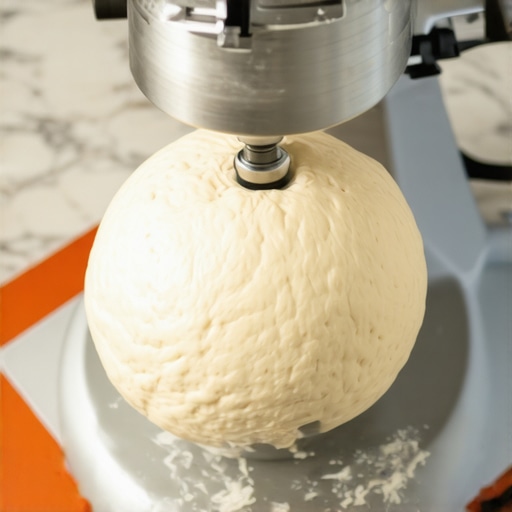 A stand mixer on a non-slip mat kneading stiff bagel dough.