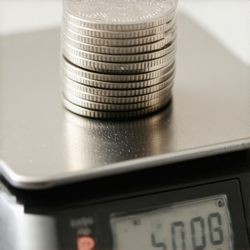 Three US nickels being used to test the accuracy of a digital kitchen scale.