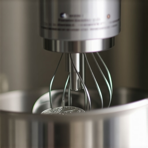 Close-up of a stand mixer beater performing the dime test for height adjustment.