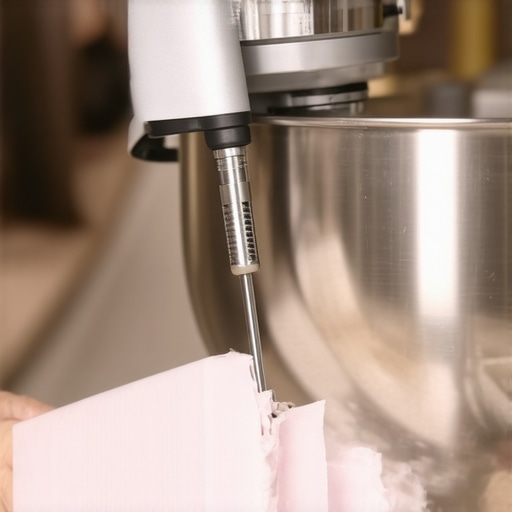 A close-up of a stand mixer being calibrated for proper beater-to-bowl clearance.