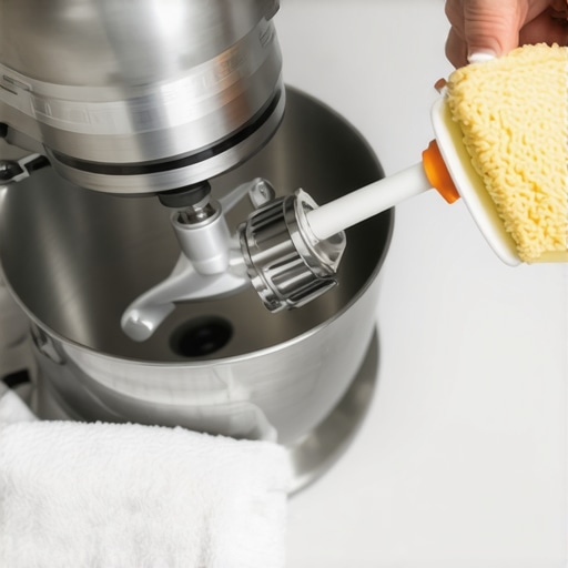 Applying food-grade lubricant to the internal planetary gears of a stand mixer.