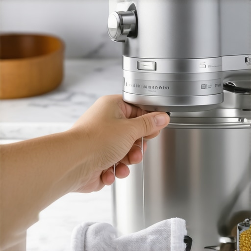 Stand Mixer Maintenance and Stabilization Close up of a stand mixer being adjusted for height with a stabilization cloth underneath