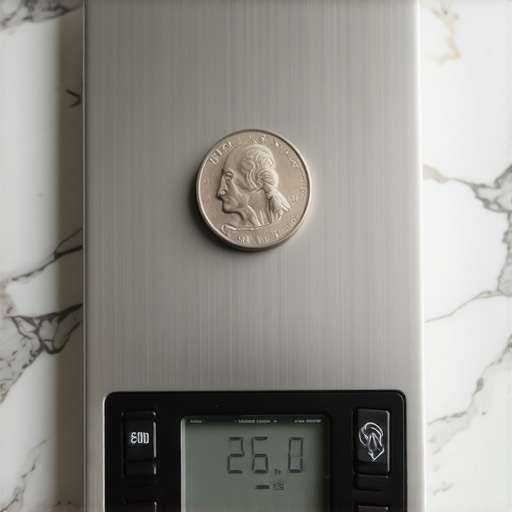 Testing Kitchen Scale Accuracy with Nickels A stack of five nickels on a digital kitchen scale for calibration.