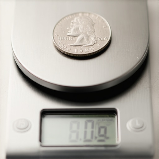 A US nickel on a digital kitchen scale showing 5.00 grams for calibration